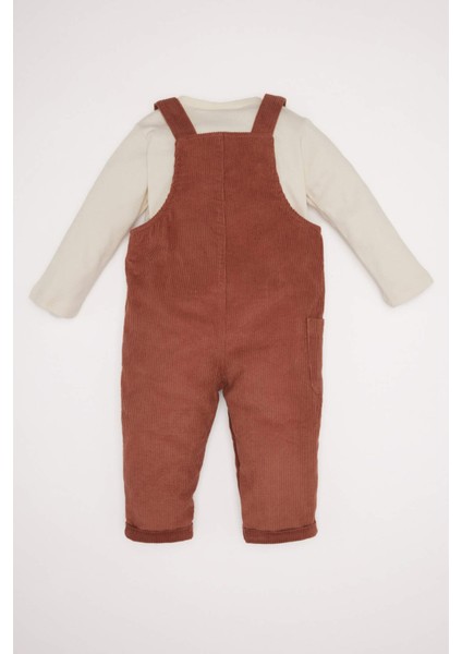 Erkek Bebek 2'li Takım Uzun Kollu Tişört Kadife Ayıcık Baskılı Salopet Tulum D6030A524WN
