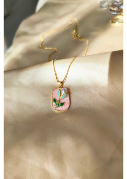 Incili Sedefli Kabartmalı Çiçek Çelik Kolye modelleri