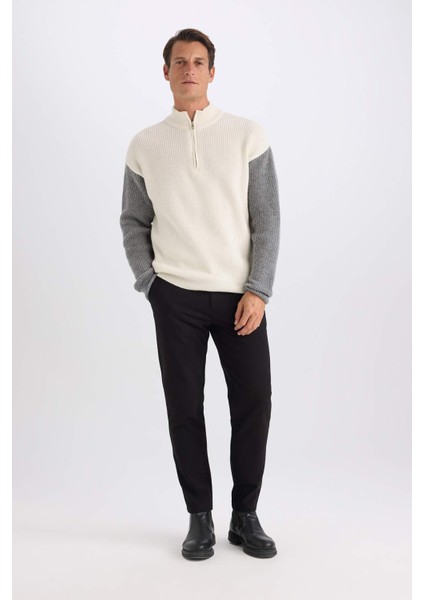 Relax Fit Renk Bloklu Dik Yaka Yarım Fermuarlı Triko Kazak Y0623AZ24AU