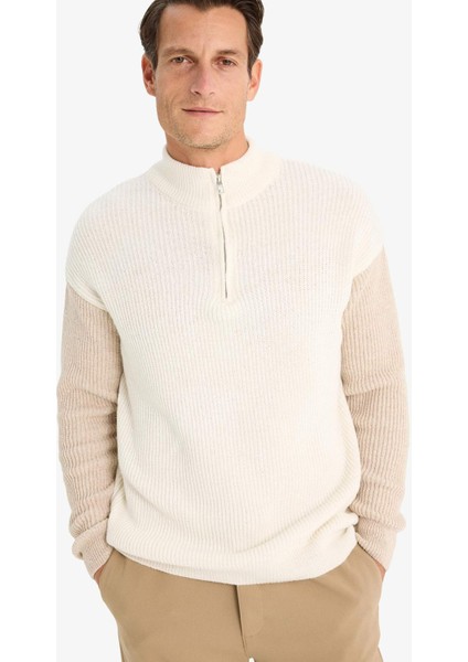 Relax Fit Renk Bloklu Dik Yaka Yarım Fermuarlı Triko Kazak Y0623Az24Au