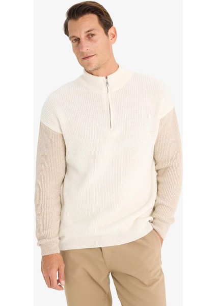 Relax Fit Renk Bloklu Dik Yaka Yarım Fermuarlı Triko Kazak Y0623Az24Au