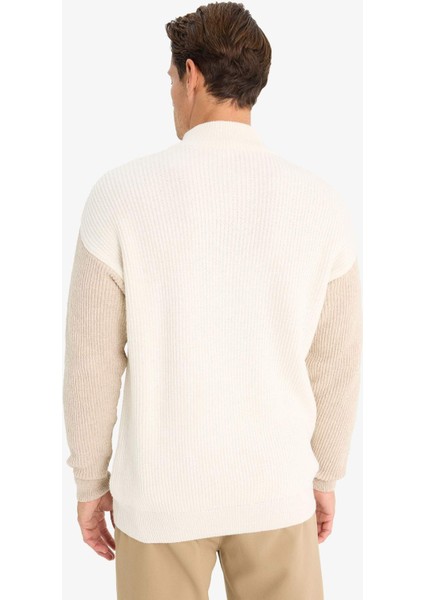 Relax Fit Renk Bloklu Dik Yaka Yarım Fermuarlı Triko Kazak Y0623Az24Au