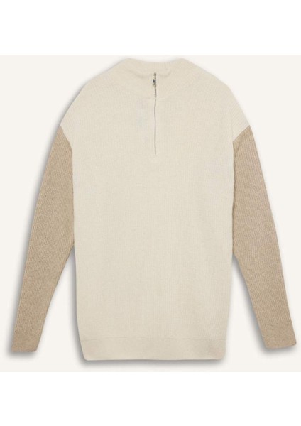 Relax Fit Renk Bloklu Dik Yaka Yarım Fermuarlı Triko Kazak Y0623Az24Au