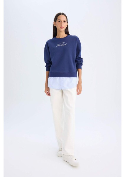 Bisiklet Yaka Baskılı Etek Ucu Detaylı Kalın Sweatshirt