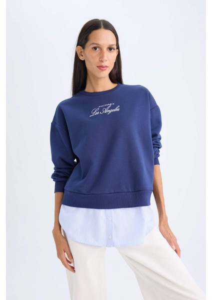 Bisiklet Yaka Baskılı Etek Ucu Detaylı Kalın Sweatshirt