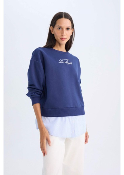 Bisiklet Yaka Baskılı Etek Ucu Detaylı Kalın Sweatshirt