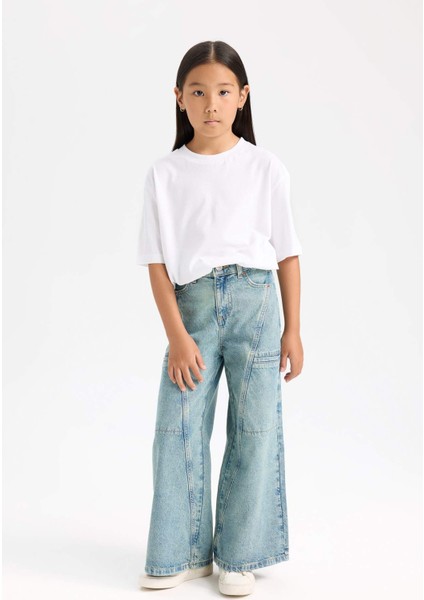 Kız Çocuk Wide Leg Geniş Paça Kargo Cepli Jean Pantolon D6095A824WN