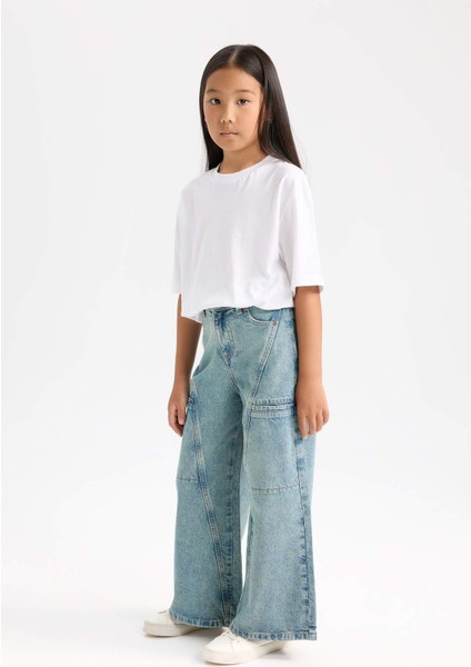 Kız Çocuk Wide Leg Geniş Paça Kargo Cepli Jean Pantolon D6095A824WN