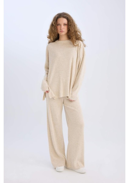 Relax Fit 2'li Takım Triko Bisiklet Yaka Kazak Geniş Paça Pantolon D5232AXNS