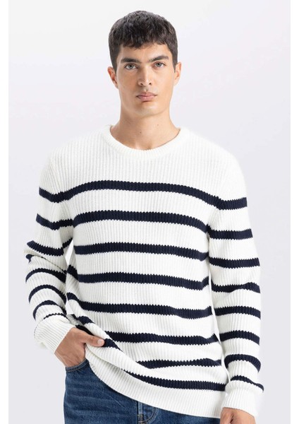 Standart Fit Normal Kesim Bisiklet Yaka Çizgili Triko Kazak B0546AX24WN