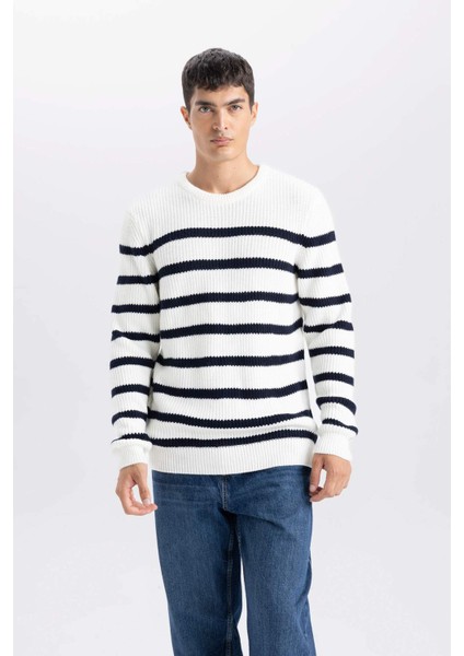 Standart Fit Normal Kesim Bisiklet Yaka Çizgili Triko Kazak B0546AX24WN