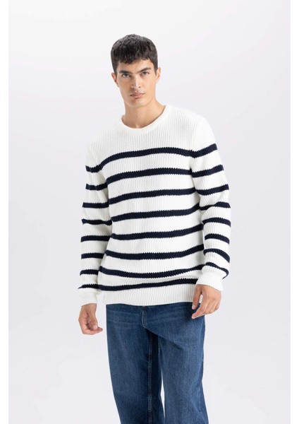 Standart Fit Normal Kesim Bisiklet Yaka Çizgili Triko Kazak B0546AX24WN