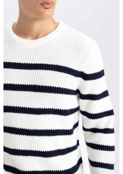 Standart Fit Normal Kesim Bisiklet Yaka Çizgili Triko Kazak B0546AX24WN