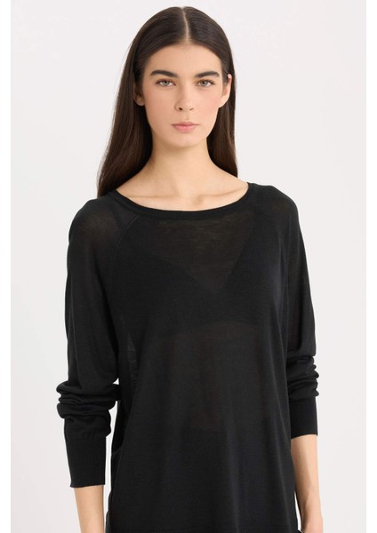 Regular Fit Bisiklet Yaka Basic Düz Siyah Triko Kazak D6281AX25SP