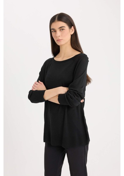 Regular Fit Bisiklet Yaka Basic Düz Siyah Triko Kazak D6281AX25SP