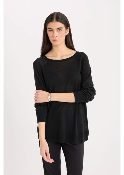 Regular Fit Bisiklet Yaka Basic Düz Siyah Triko Kazak D6281AX25SP