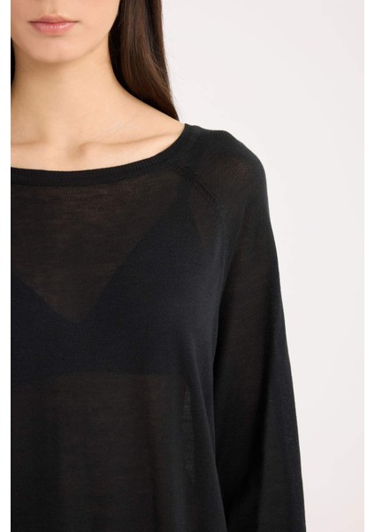 Regular Fit Bisiklet Yaka Basic Düz Siyah Triko Kazak D6281AX25SP