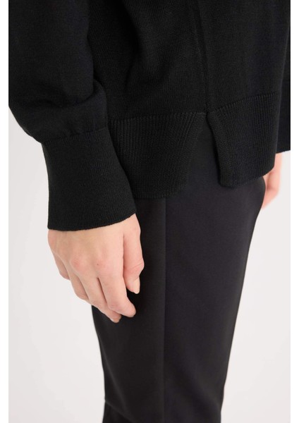 Regular Fit Bisiklet Yaka Basic Düz Siyah Triko Kazak D6281AX25SP