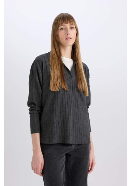 Antrasit Relax Fit Polo Yaka Casual Fitilli Kaşkorse Uzun Kollu Tişört B2404AX24AU