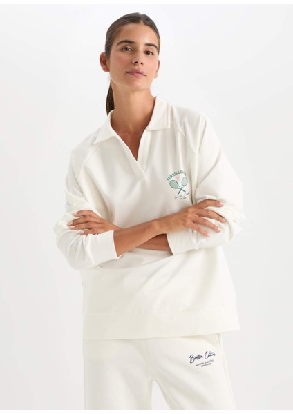 Fit Oversize Geniş Kalıp Polo Yaka Spor Baskılı Sporcu Sweatshirt D1699AX24AU