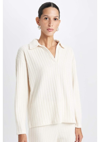 Relax Fit Polo Yaka Casual Fitilli Kaşkorse Uzun Kollu Tişört B2404AX24AU