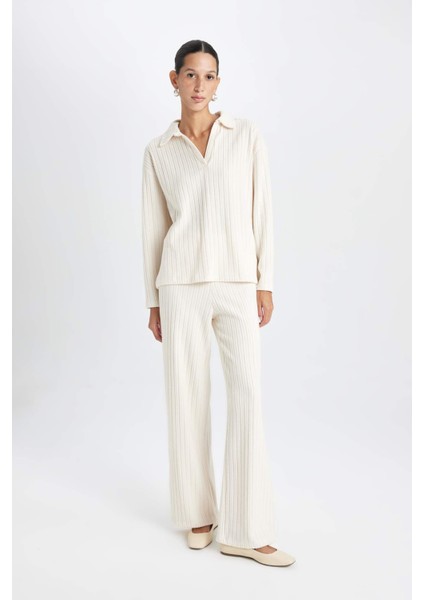 Relax Fit Polo Yaka Casual Fitilli Kaşkorse Uzun Kollu Tişört B2404AX24AU