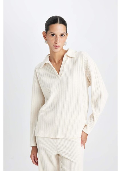 Relax Fit Polo Yaka Casual Fitilli Kaşkorse Uzun Kollu Tişört B2404AX24AU