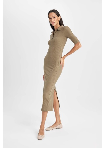 Bodycon Vücuda Oturan Düğmeli Polo Yaka Fitilli Kaşkorse Yarım Kollu Midi Elbise