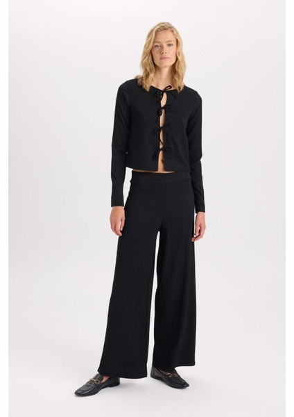 Wide Leg Geniş Bol Paça Beli Lastikli Basic Düz Bürümcük Pantolon D6300AX24AU