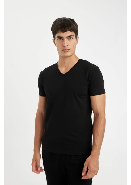 Slim Fit Dar Kesim V Yaka Kısa Kollu Pijama Üstü L4884AZ24WN