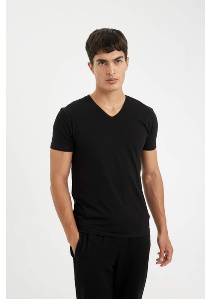 Slim Fit Dar Kesim V Yaka Kısa Kollu Pijama Üstü L4884AZ24WN