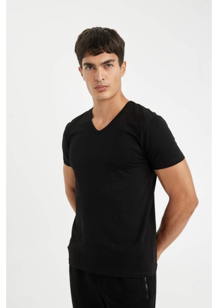 Slim Fit Dar Kesim V Yaka Kısa Kollu Pijama Üstü L4884AZ24WN