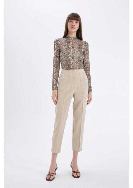 Slim Fit Dar Kesim Yarım Balıkçı Yaka Yılan Desenli Tül Uzun Kollu Tişört D5505AX24AU