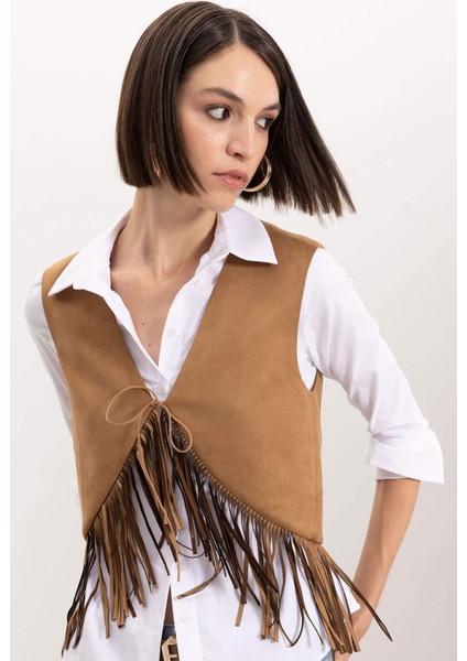 Bağlamalı Kovboy Model Püsküllü Süet Yelek D5268AX24AU