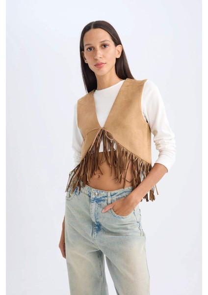 Bağlamalı Kovboy Model Püsküllü Süet Yelek D5268AX24AU
