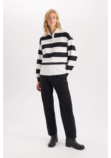 Relax Fit Polo Yaka Çizgili Kalın Sweatshirt