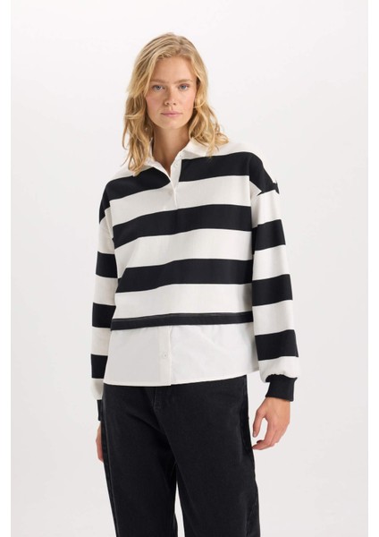 Relax Fit Polo Yaka Çizgili Kalın Sweatshirt