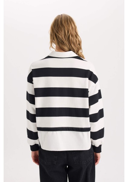 Relax Fit Polo Yaka Çizgili Kalın Sweatshirt