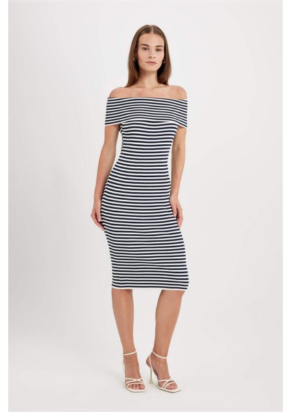 Fitted Vücuda Oturan Çizgili Açık Omuz Triko Midi Elbise D4223AX24AU