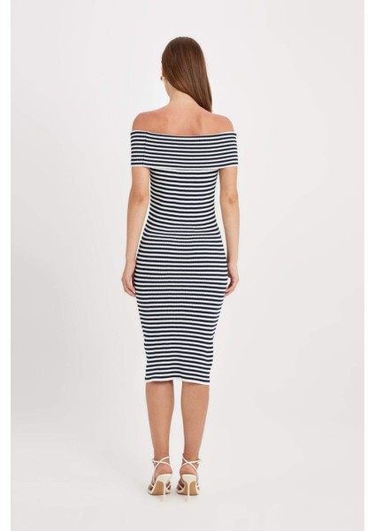 Fitted Vücuda Oturan Çizgili Açık Omuz Triko Midi Elbise D4223AX24AU
