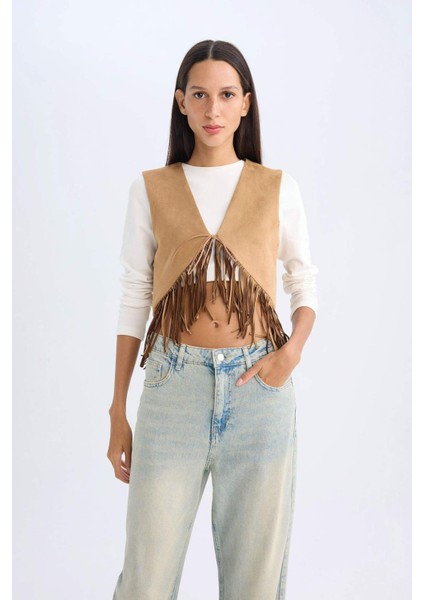 Bağlamalı Kovboy Model Püsküllü Süet Yelek D5268AX24AU