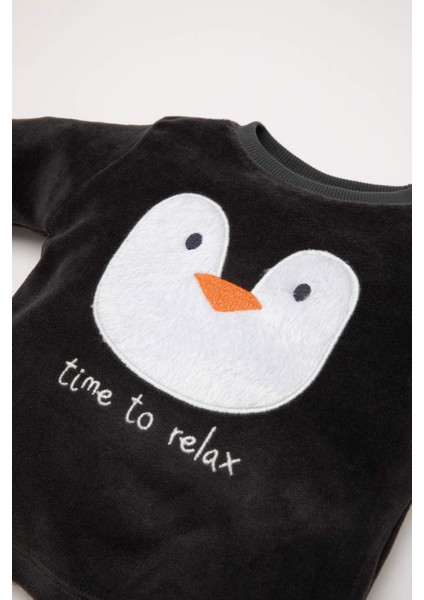 Erkek Bebek Pijama Takım Penguen Desenli Velur Uzun Kollu Üst Beli Lastikli Uzun Alt D5358A524WN
