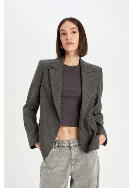 Oversize Geniş Kalıp Ceket Yaka Düğmeli Basic Düz Blazer Ceket D5869AX24AU