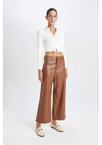Culotte Crop Suni Deri Pantolon Yüksek Bel Geniş Bol Paça