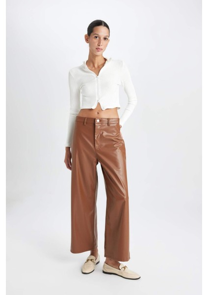 Culotte Crop Suni Deri Pantolon Yüksek Bel Geniş Bol Paça
