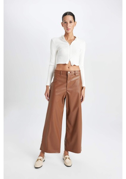 Culotte Crop Suni Deri Pantolon Yüksek Bel Geniş Bol Paça