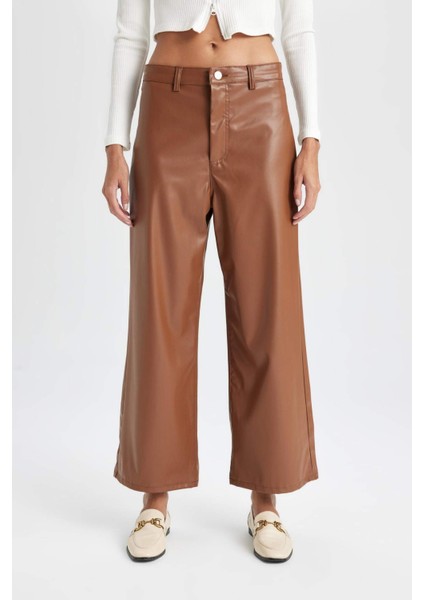 Culotte Crop Suni Deri Pantolon Yüksek Bel Geniş Bol Paça