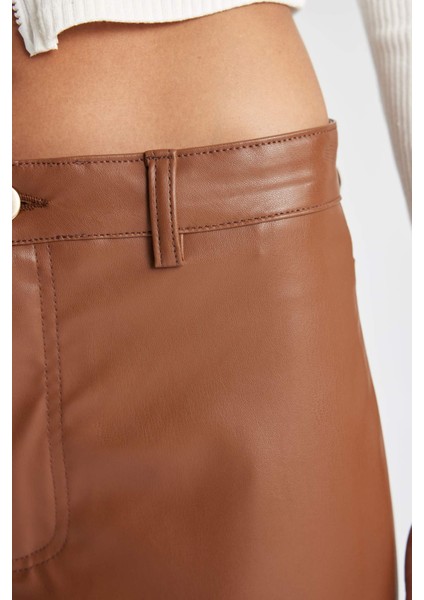 Culotte Crop Suni Deri Pantolon Yüksek Bel Geniş Bol Paça