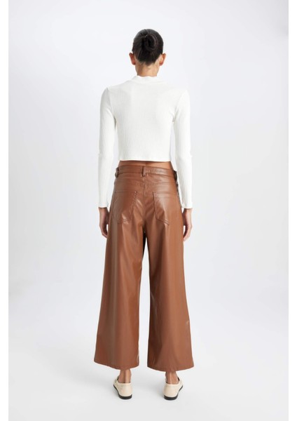 Culotte Crop Suni Deri Pantolon Yüksek Bel Geniş Bol Paça