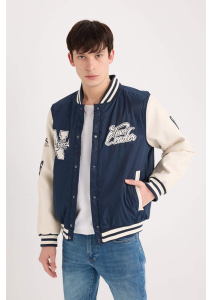 Su İtici Oversize Geniş Kalıp Bomber Kolej Yaka Cepli Nakışlı Çıtçıt Kapamalı Mont D6304AX25SP